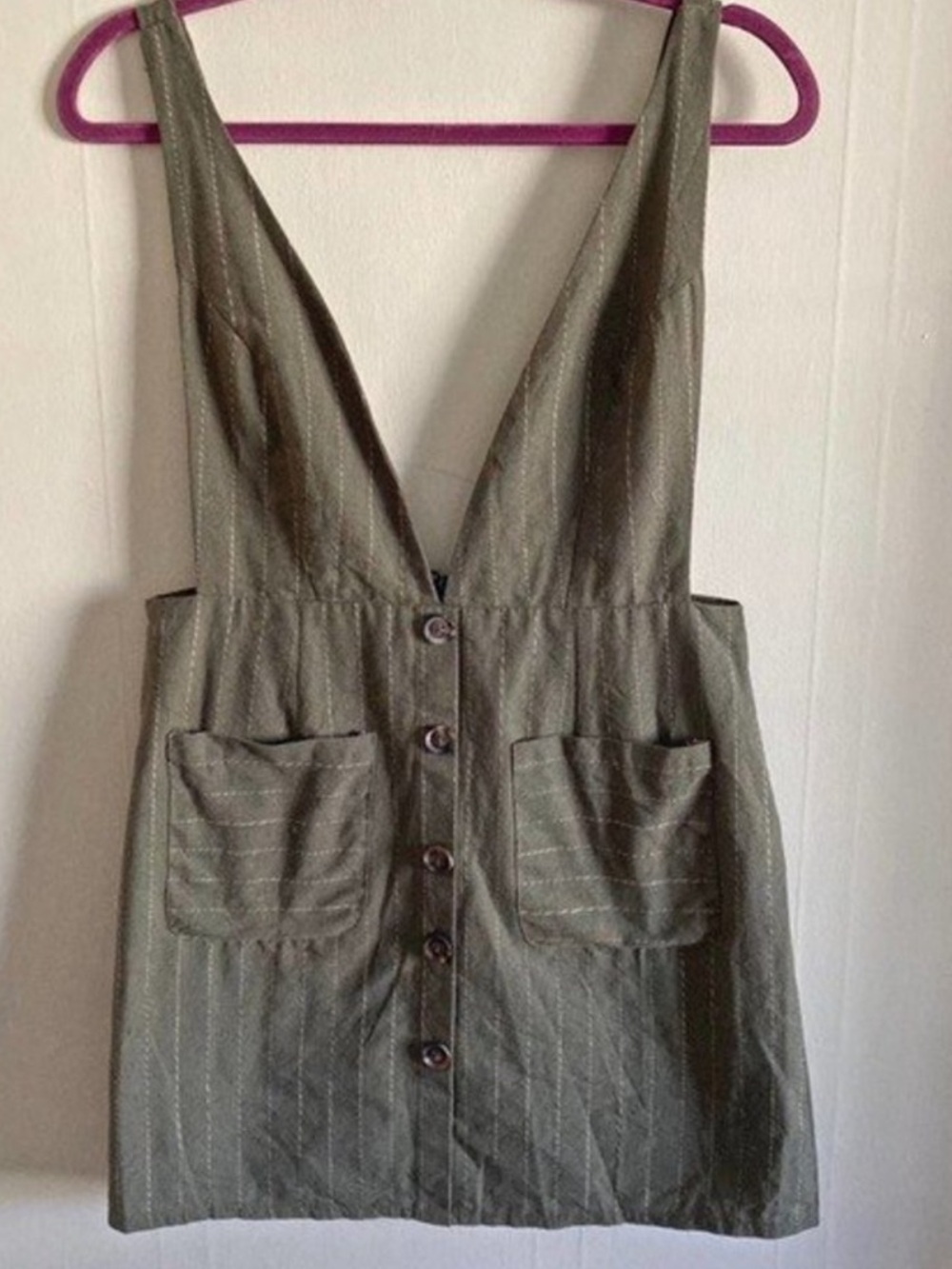 Hayden Jumper Pinafore Olive Green Pinstripe Overall Dress Buttons 100% Cotton - Picture 3 of 14